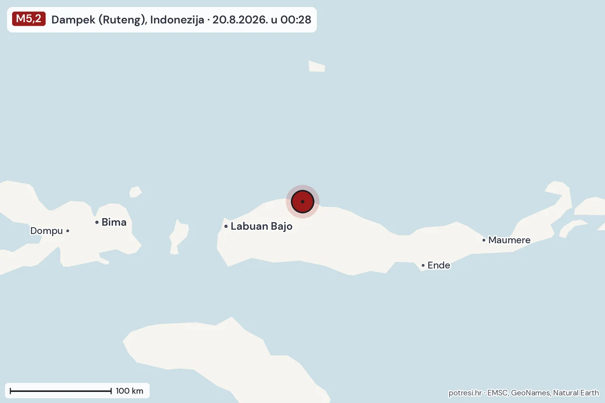 Karta: šire područje, 600 km, potres M5,2, Dampek (Ruteng), Indonezija, 20.8.2026.