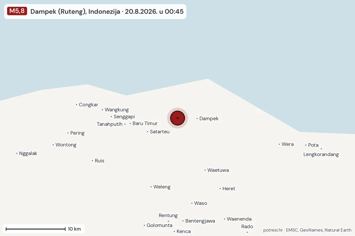 Karta: okolica epicentra, 60 km, potres M5,8, Dampek (Ruteng), Indonezija, 20.8.2026.