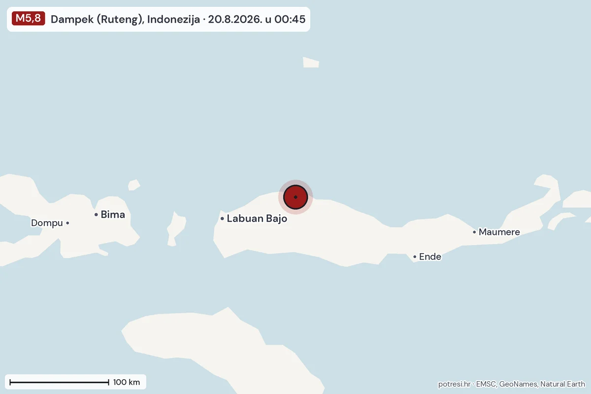 Karta: šire područje, 600 km, potres M5,8, Dampek (Ruteng), Indonezija, 20.8.2026.