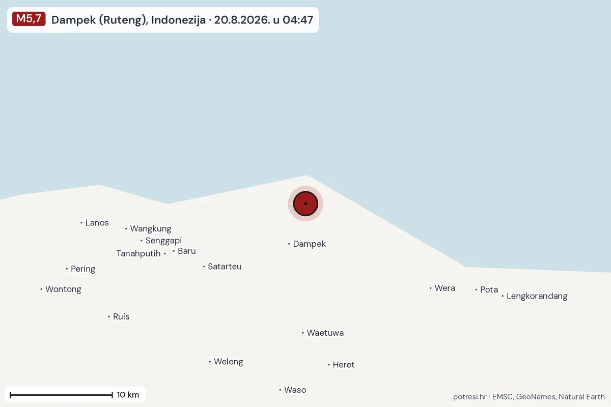 Karta: okolica epicentra, 60 km, potres M5,7, Dampek (Ruteng), Indonezija, 20.8.2026.
