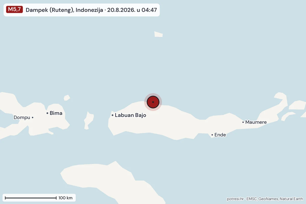 Karta: šire područje, 600 km, potres M5,7, Dampek (Ruteng), Indonezija, 20.8.2026.