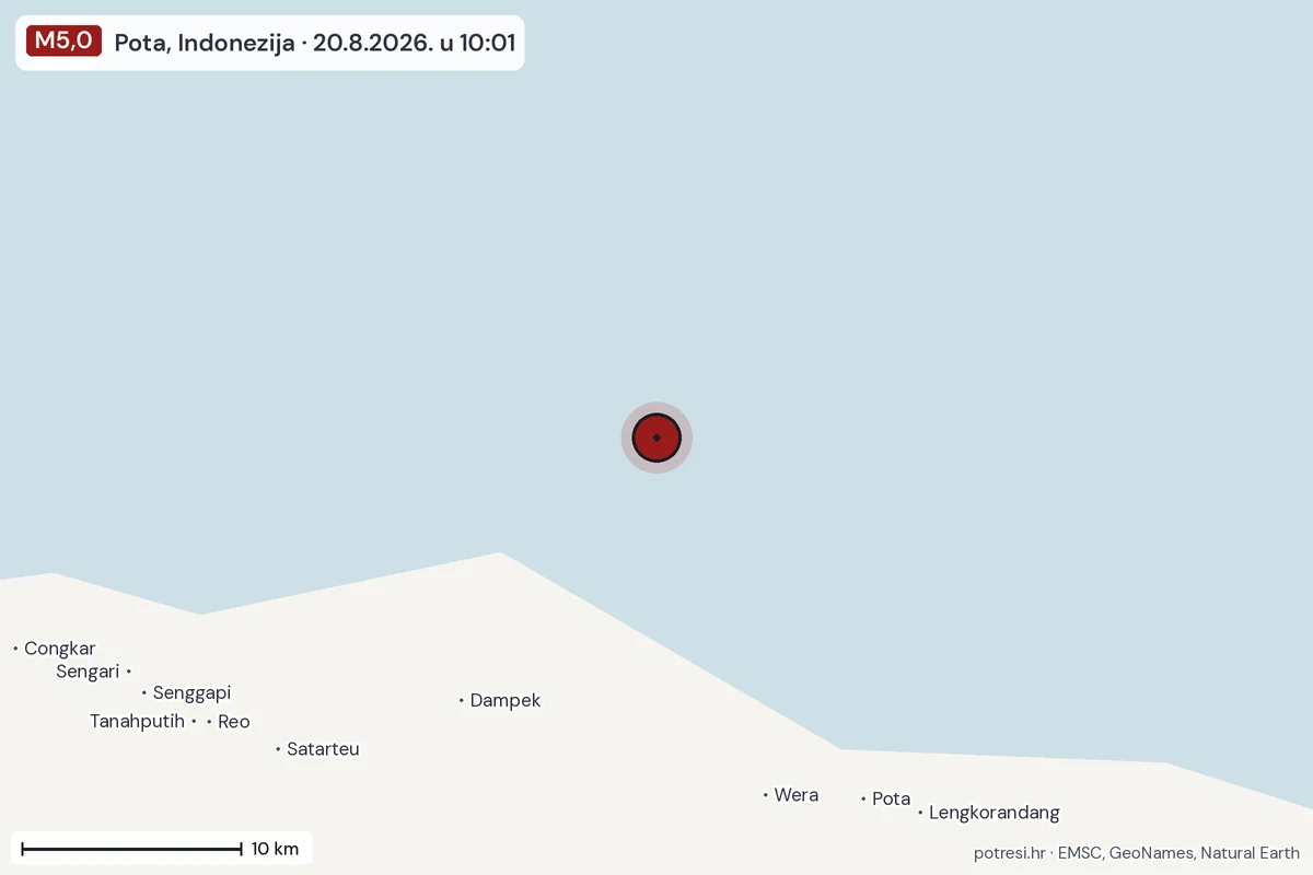 Karta: okolica epicentra, 60 km, potres M5,0, Pota, Indonezija, 20.8.2026.