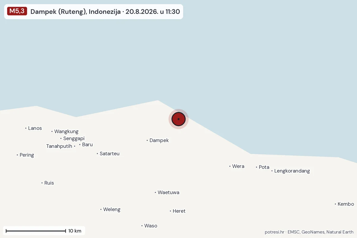 Karta: okolica epicentra, 60 km, potres M5,3, Dampek (Ruteng), Indonezija, 20.8.2026.