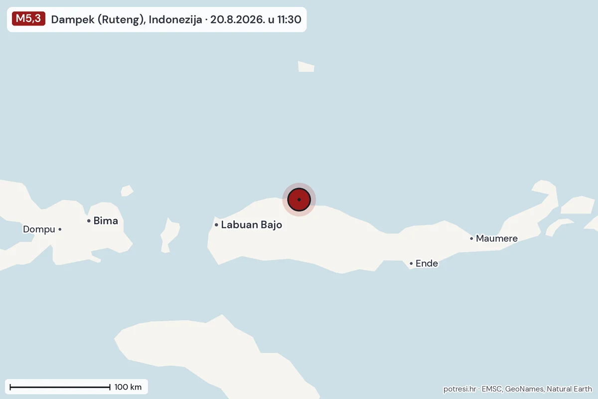 Karta: šire područje, 600 km, potres M5,3, Dampek (Ruteng), Indonezija, 20.8.2026.