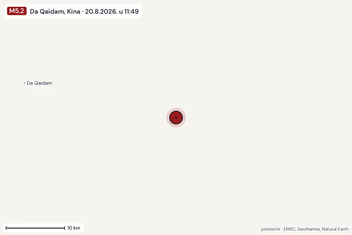 Karta: okolica epicentra, 60 km, potres M5,2, Da Qaidam, Kina, 20.8.2026.