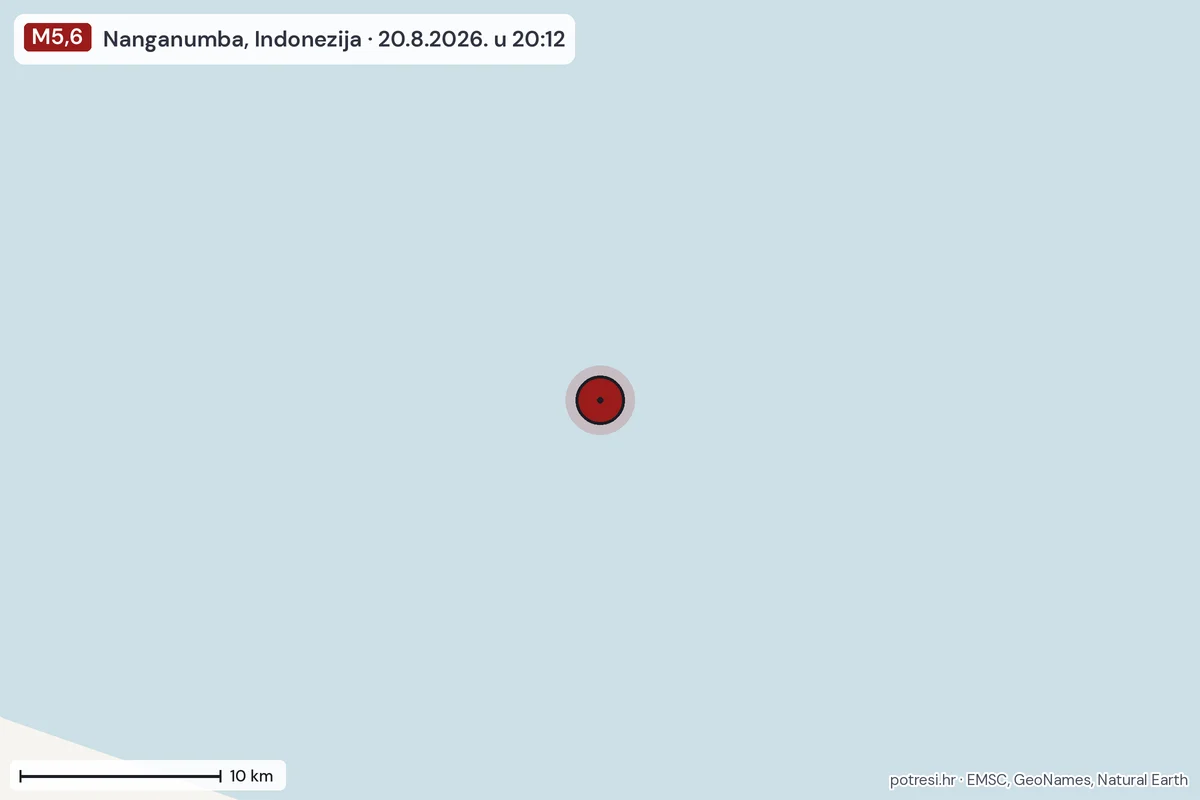 Karta: okolica epicentra, 60 km, potres M5,6, Nanganumba, Indonezija, 20.8.2026.