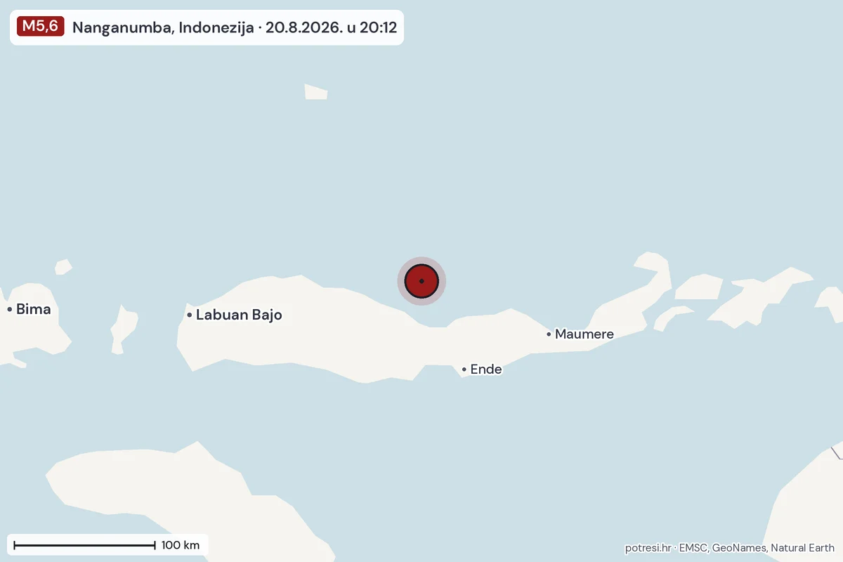 Karta: šire područje, 600 km, potres M5,6, Nanganumba, Indonezija, 20.8.2026.