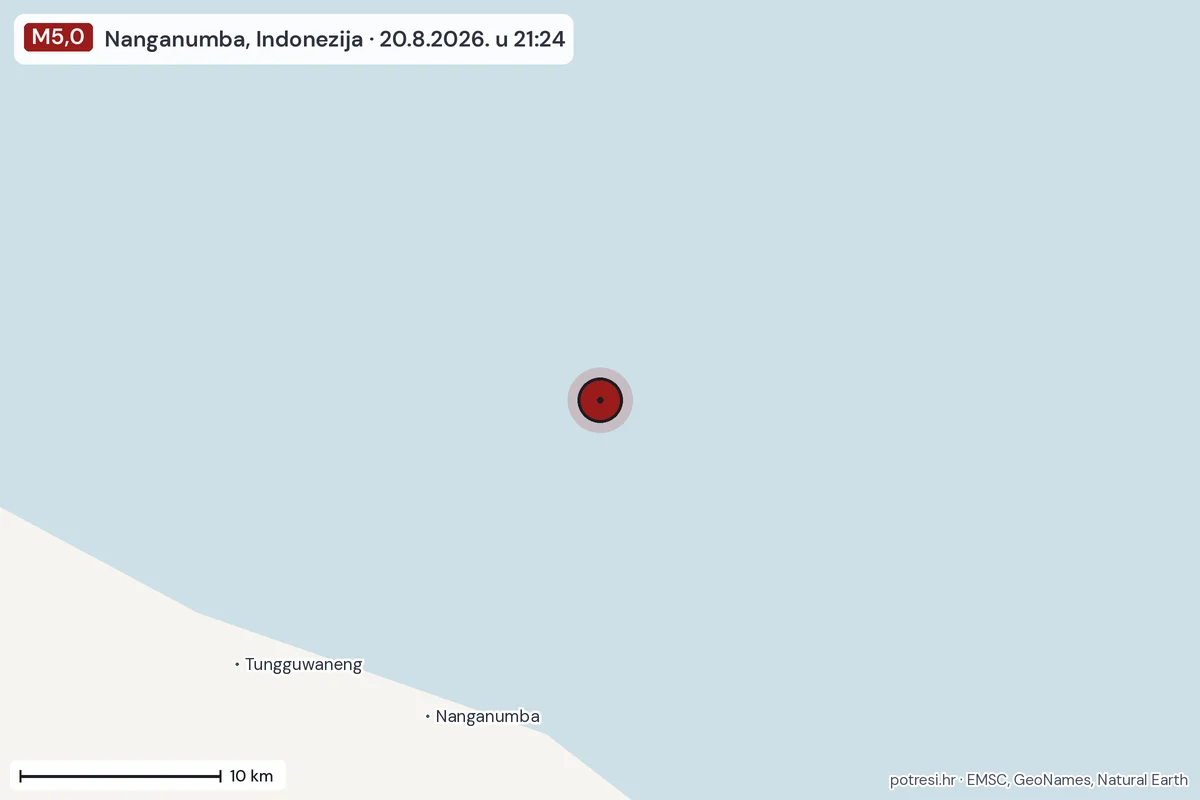 Karta: okolica epicentra, 60 km, potres M5,0, Nanganumba, Indonezija, 20.8.2026.