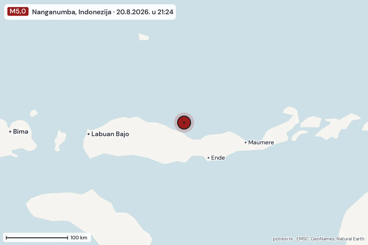 Karta: šire područje, 600 km, potres M5,0, Nanganumba, Indonezija, 20.8.2026.