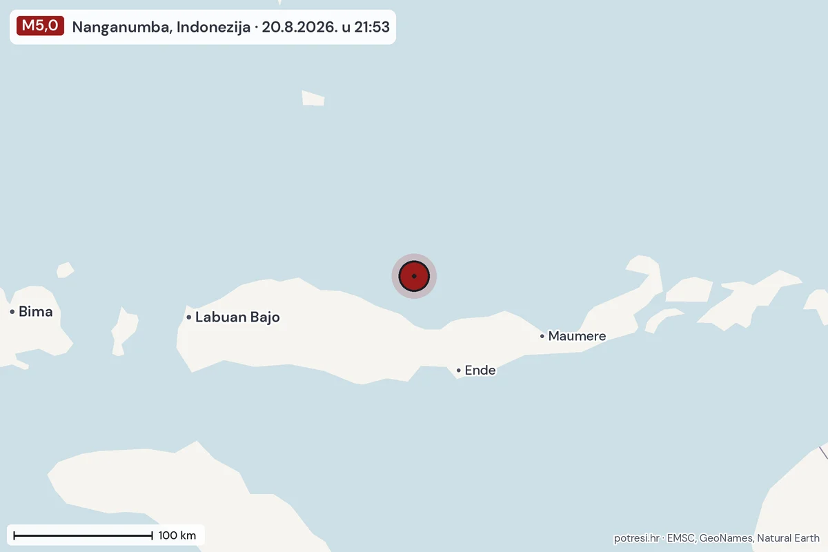 Karta: šire područje, 600 km, potres M5,0, Nanganumba, Indonezija, 20.8.2026.