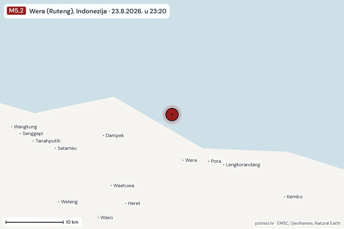 Karta: okolica epicentra, 60 km, potres M5,2, Wera (Ruteng), Indonezija, 23.8.2026.