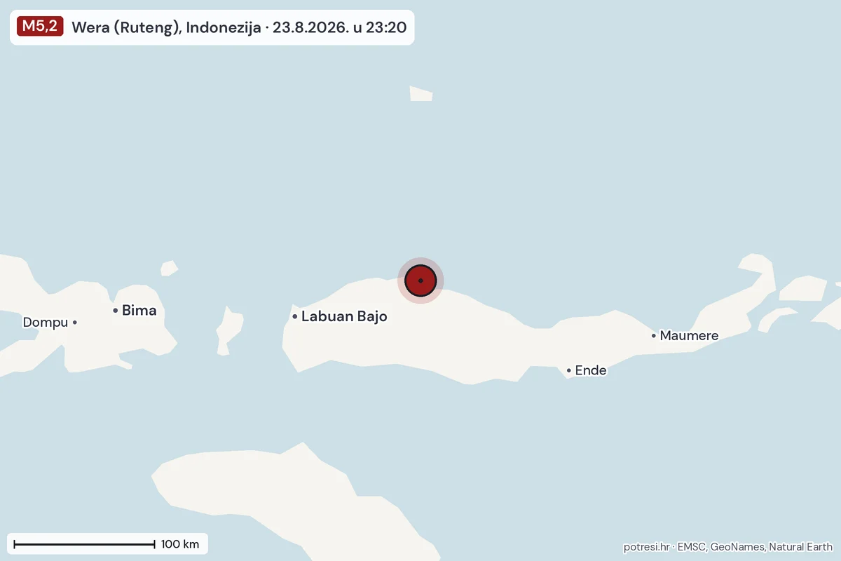Karta: šire područje, 600 km, potres M5,2, Wera (Ruteng), Indonezija, 23.8.2026.