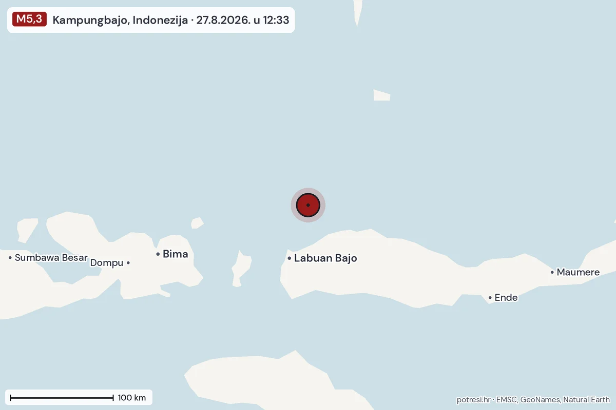 Karta: šire područje, 600 km, potres M5,3, Kampungbajo, Indonezija, 27.8.2026.