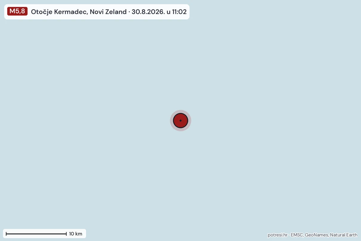 Karta: okolica epicentra, 60 km, potres M5,8, Otočje Kermadec, Novi Zeland, 30.8.2026.