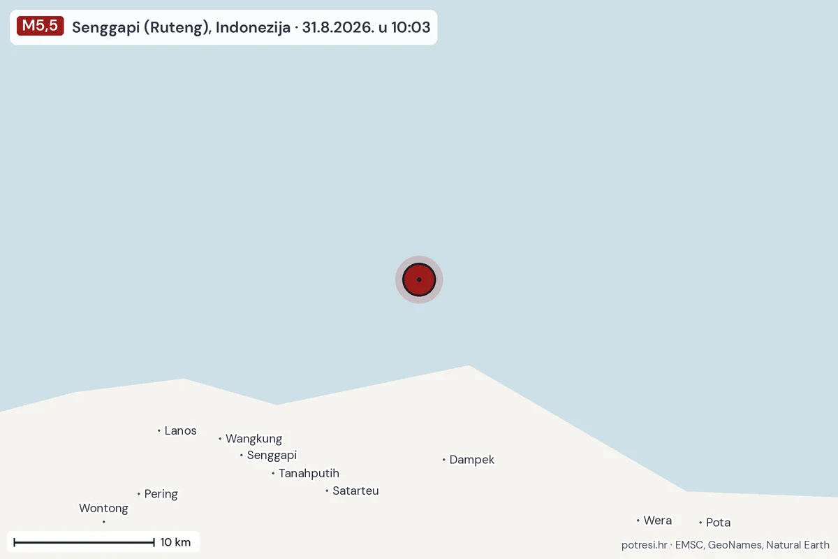 Karta: okolica epicentra, 60 km, potres M5,5, Senggapi (Ruteng), Indonezija, 31.8.2026.