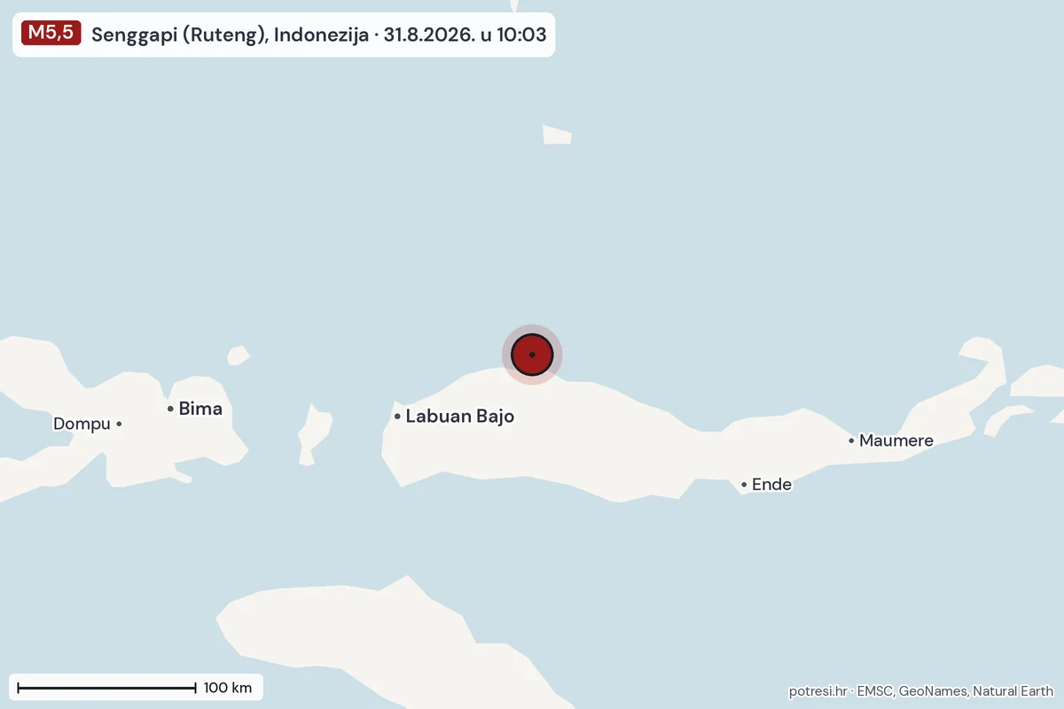 Karta: šire područje, 600 km, potres M5,5, Senggapi (Ruteng), Indonezija, 31.8.2026.