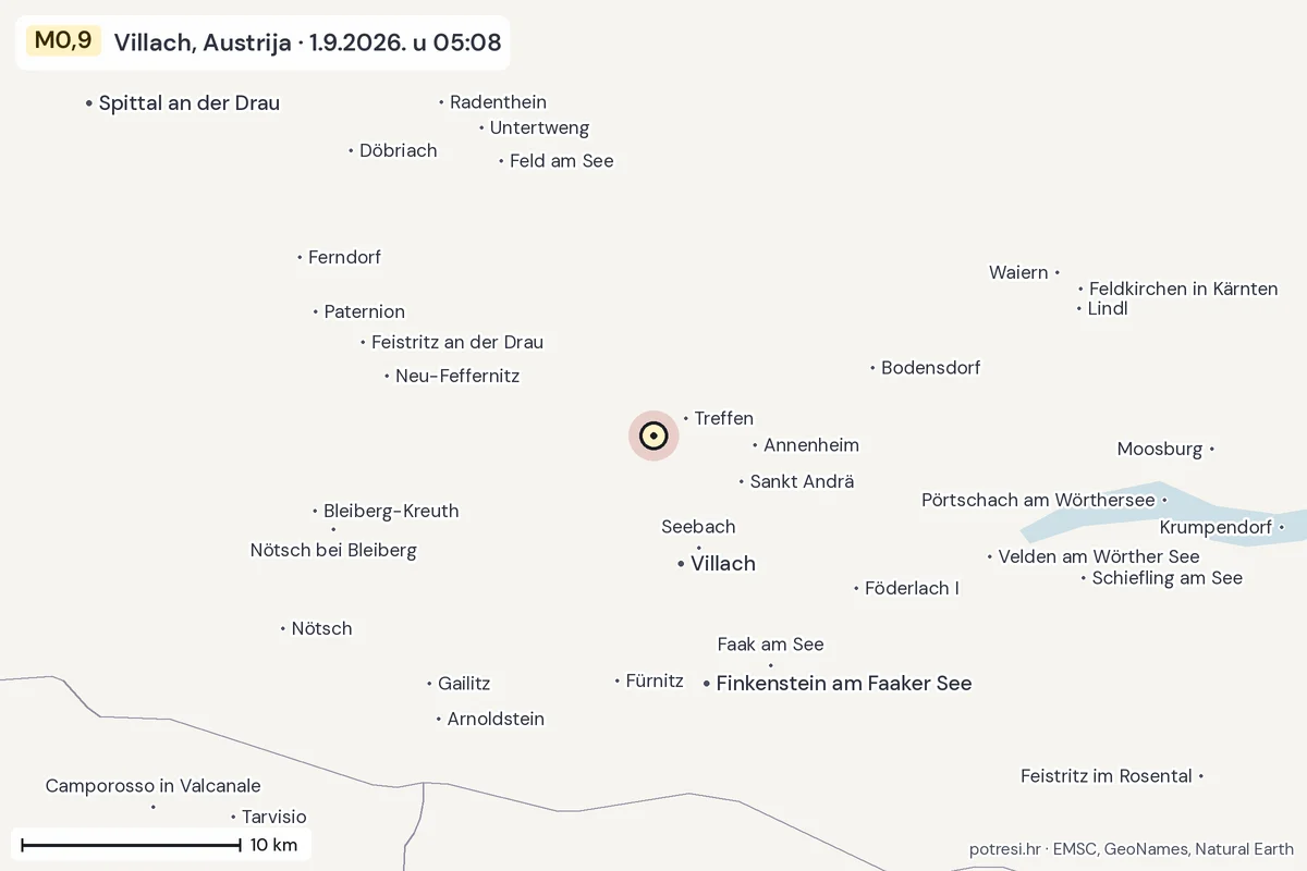 Karta: okolica epicentra, 60 km, potres M0,9, Villach, Austrija, 1.9.2026.