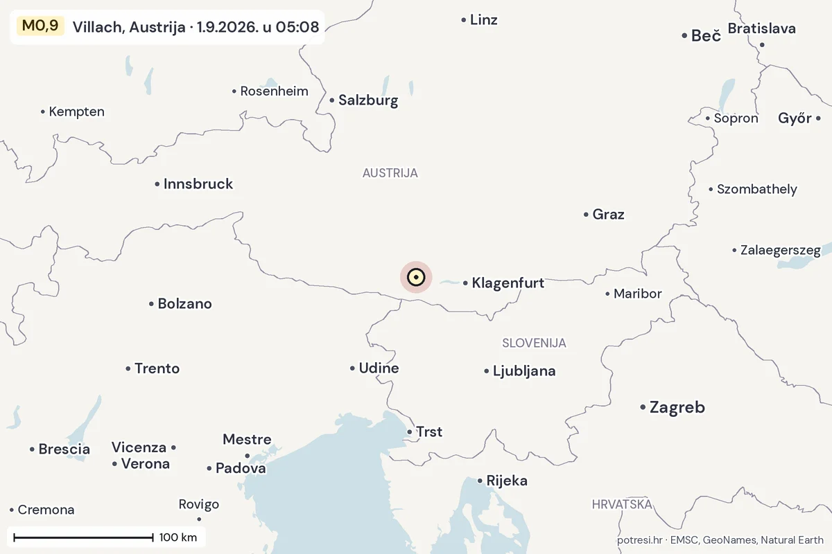 Karta: šire područje, 600 km, potres M0,9, Villach, Austrija, 1.9.2026.