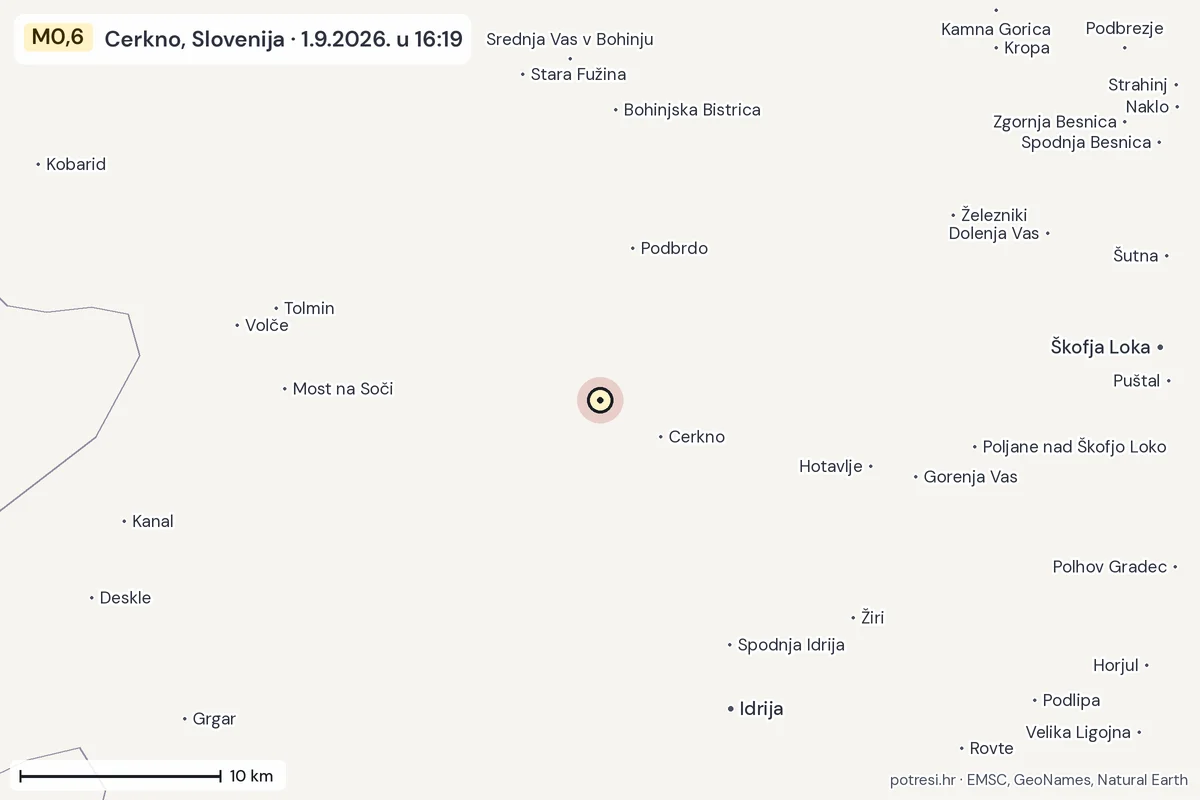 Karta: okolica epicentra, 60 km, potres M0,6, Cerkno, Slovenija, 1.9.2026.