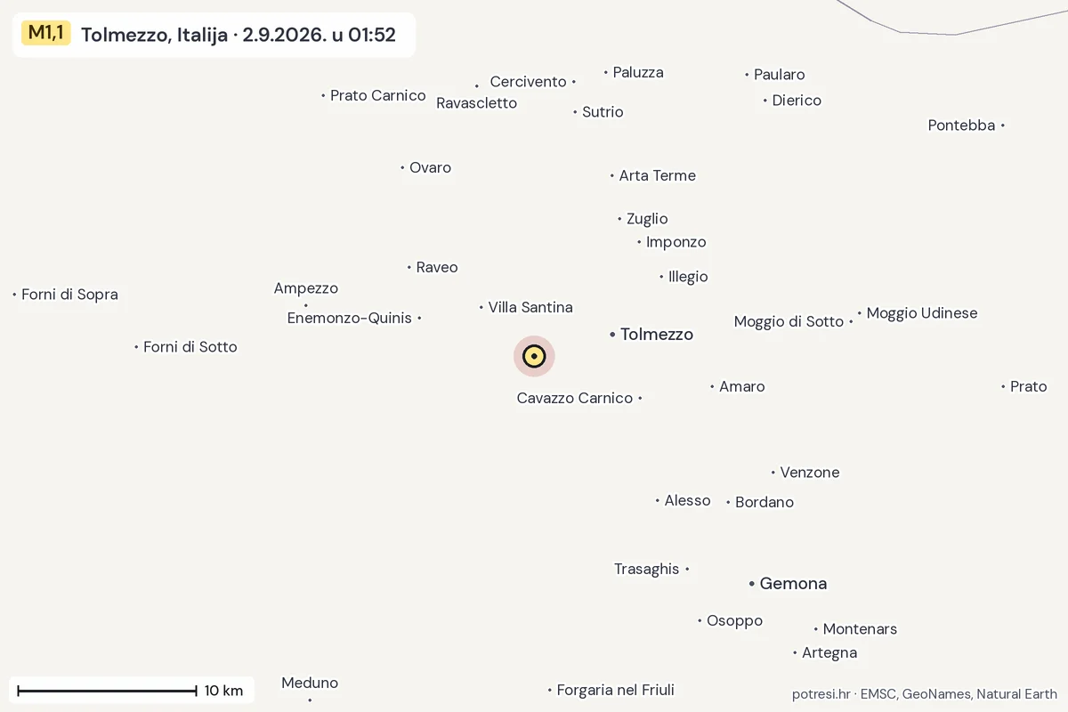 Karta: okolica epicentra, 60 km, potres M1,1, Tolmezzo, Italija, 2.9.2026.