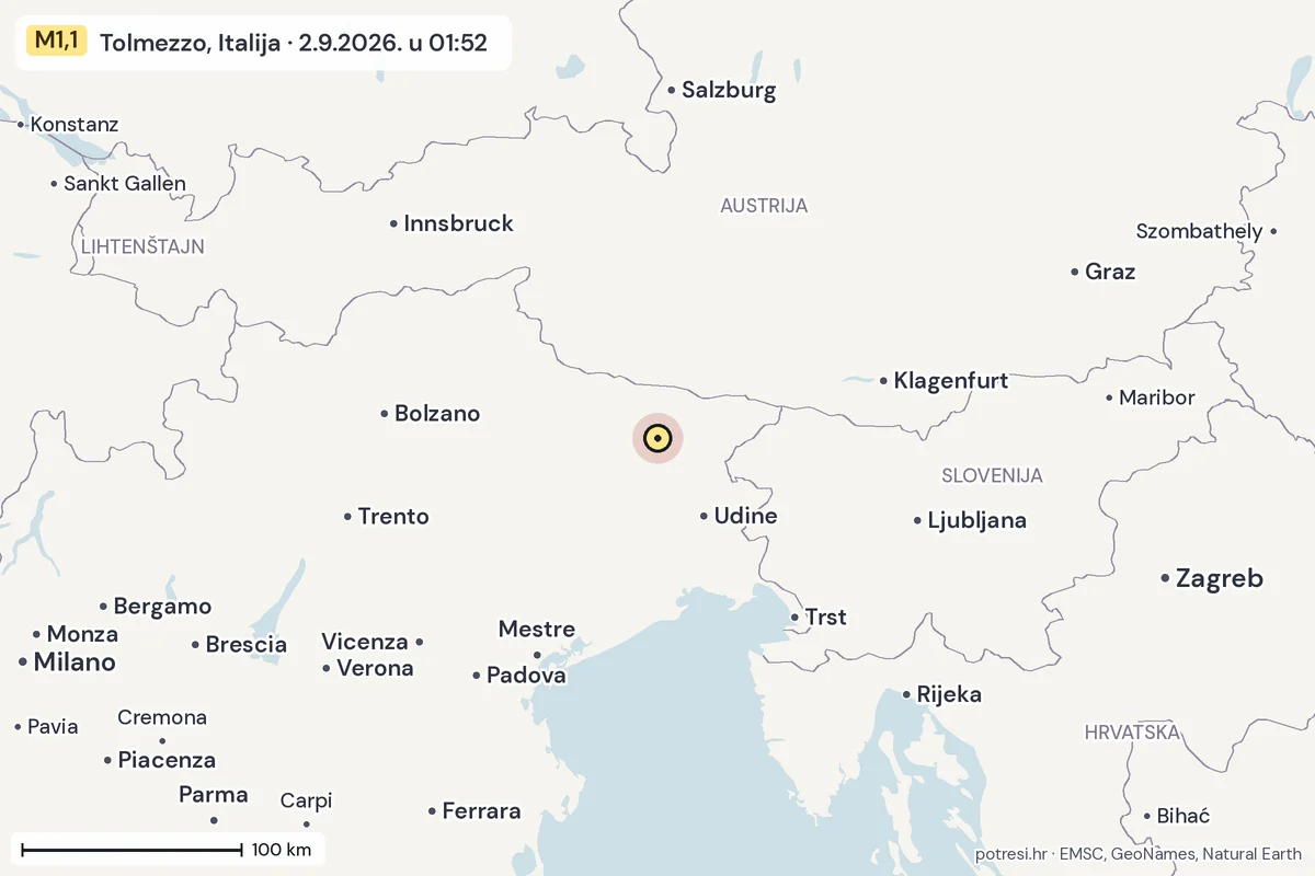 Karta: šire područje, 600 km, potres M1,1, Tolmezzo, Italija, 2.9.2026.