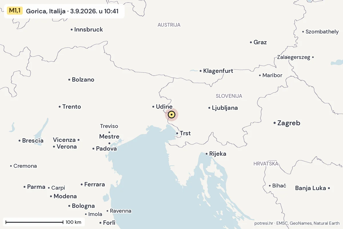 Karta: šire područje, 600 km, potres M1,1, Gorica, Italija, 3.9.2026.