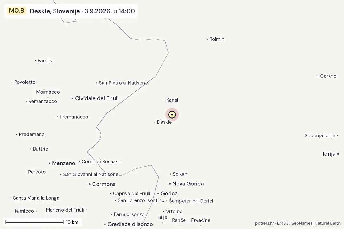 Karta: okolica epicentra, 60 km, potres M0,8, Deskle, Slovenija, 3.9.2026.