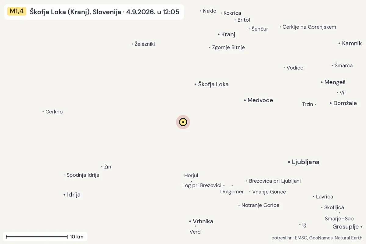 Karta: okolica epicentra, 60 km, potres M1,4, Škofja Loka (Kranj), Slovenija, 4.9.2026.