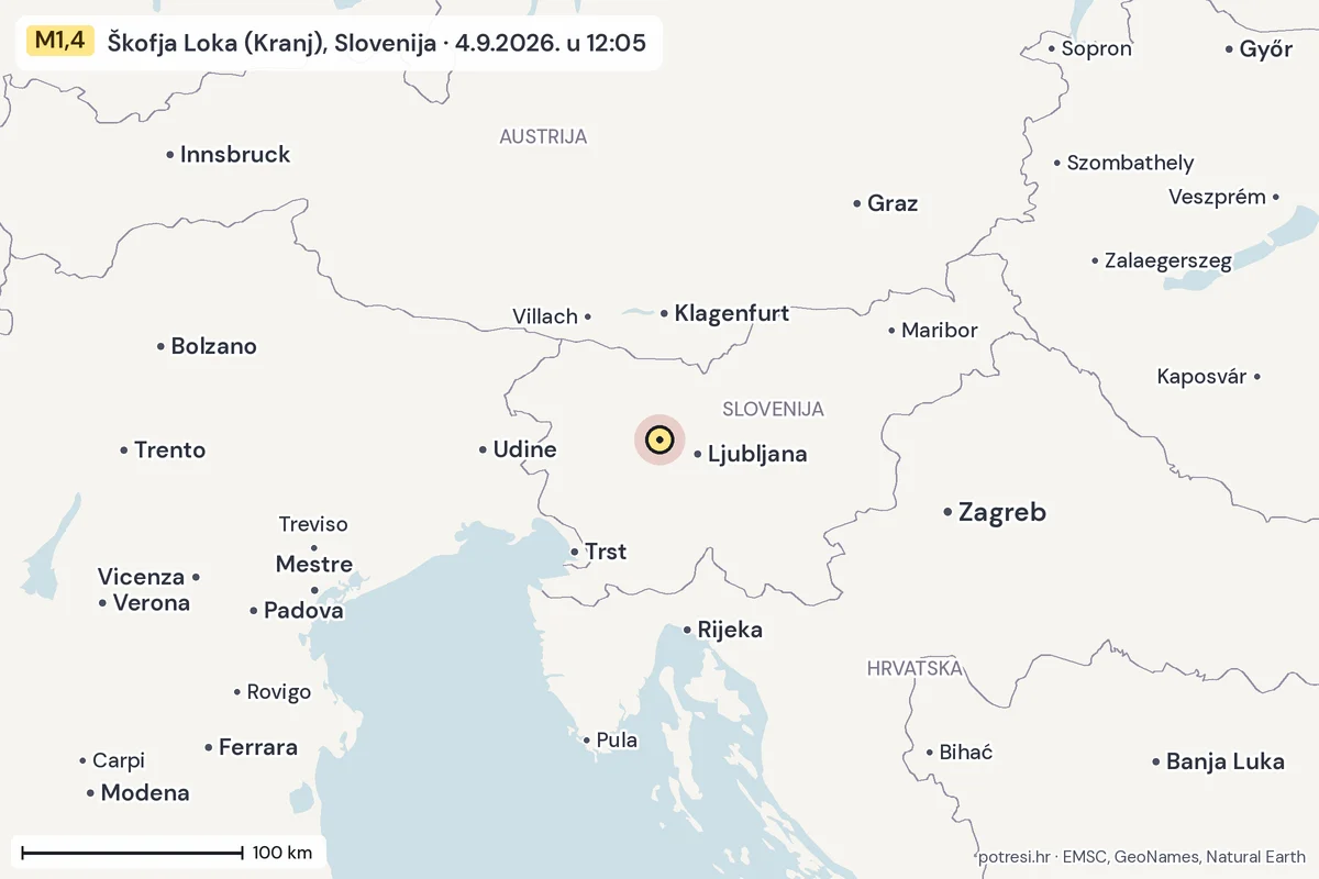 Karta: šire područje, 600 km, potres M1,4, Škofja Loka (Kranj), Slovenija, 4.9.2026.