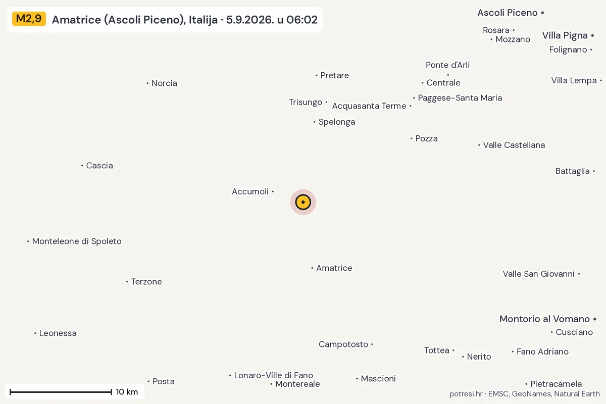 Karta: okolica epicentra, 60 km, potres M2,9, Amatrice (Ascoli Piceno), Italija, 5.9.2026.