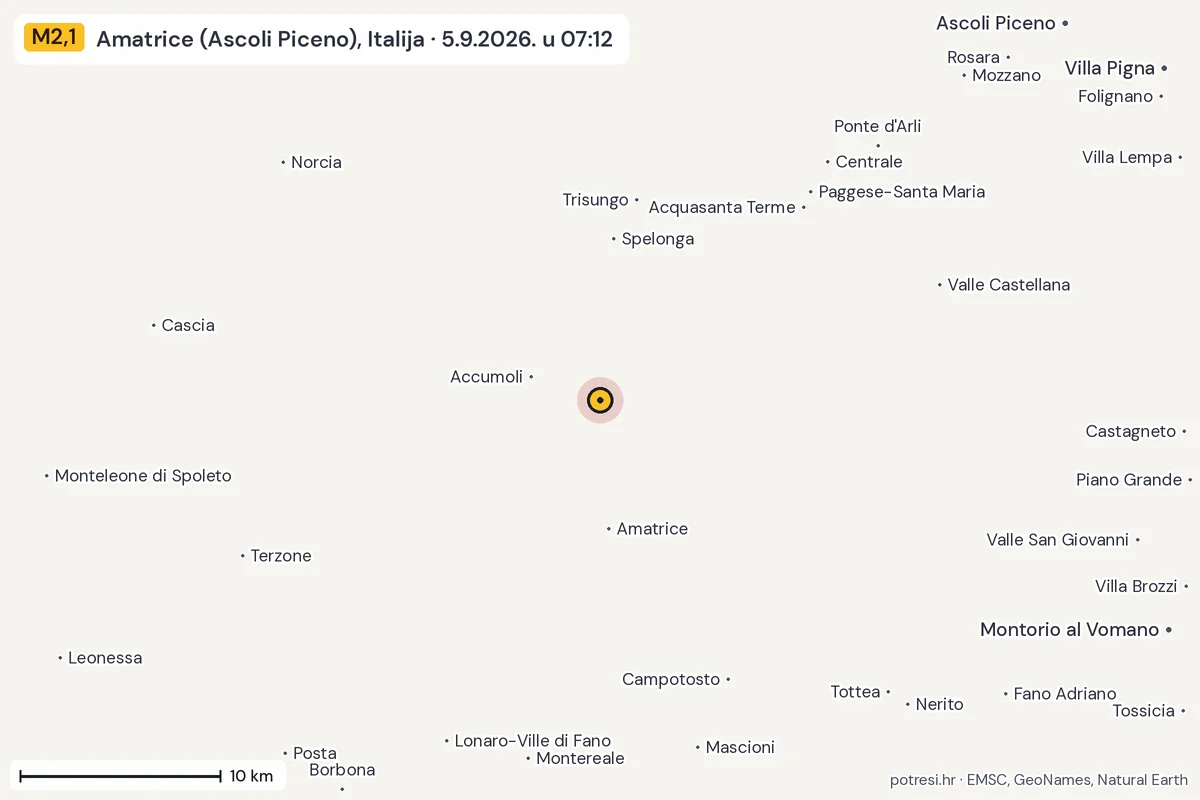 Karta: okolica epicentra, 60 km, potres M2,1, Amatrice (Ascoli Piceno), Italija, 5.9.2026.