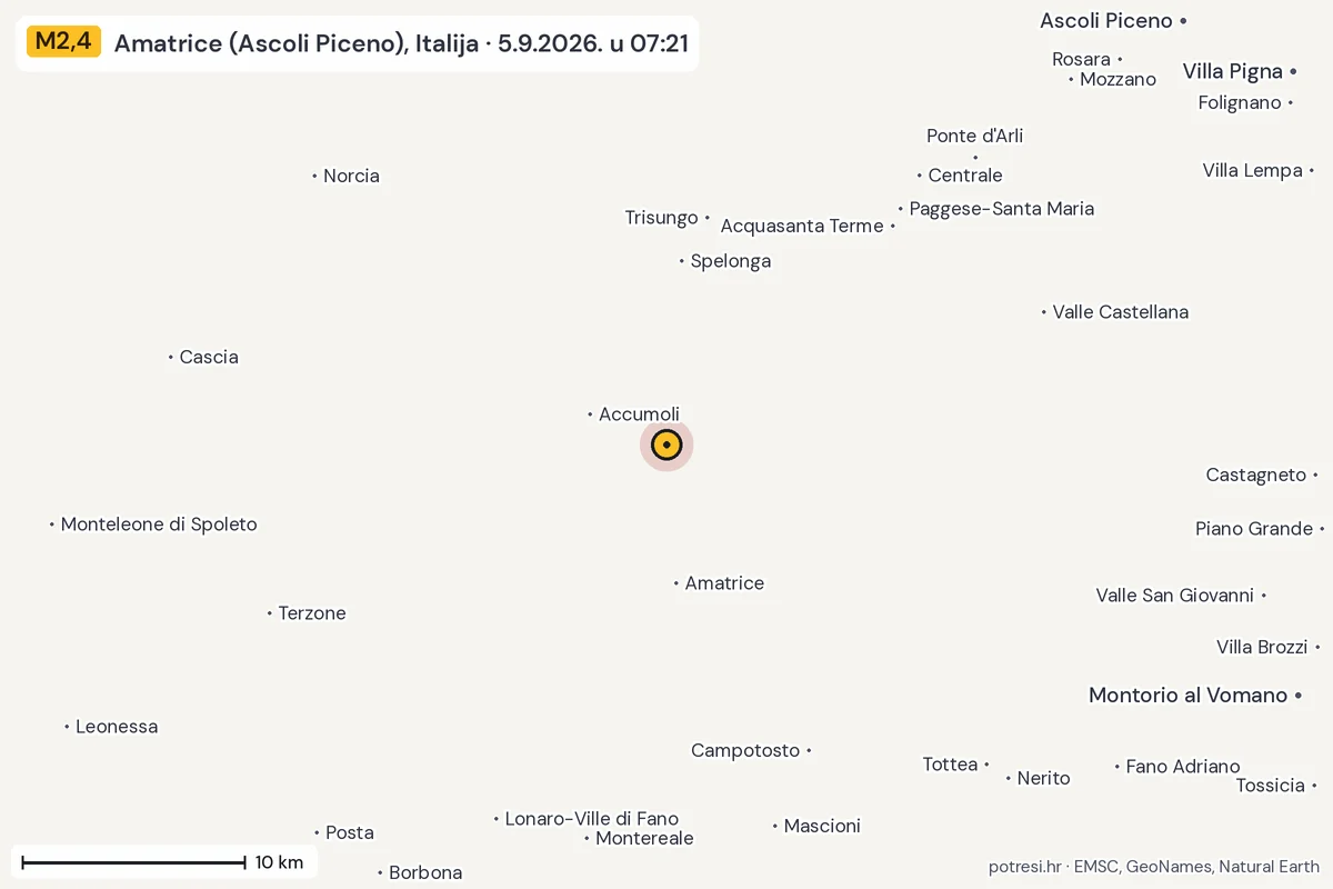 Karta: okolica epicentra, 60 km, potres M2,4, Amatrice (Ascoli Piceno), Italija, 5.9.2026.