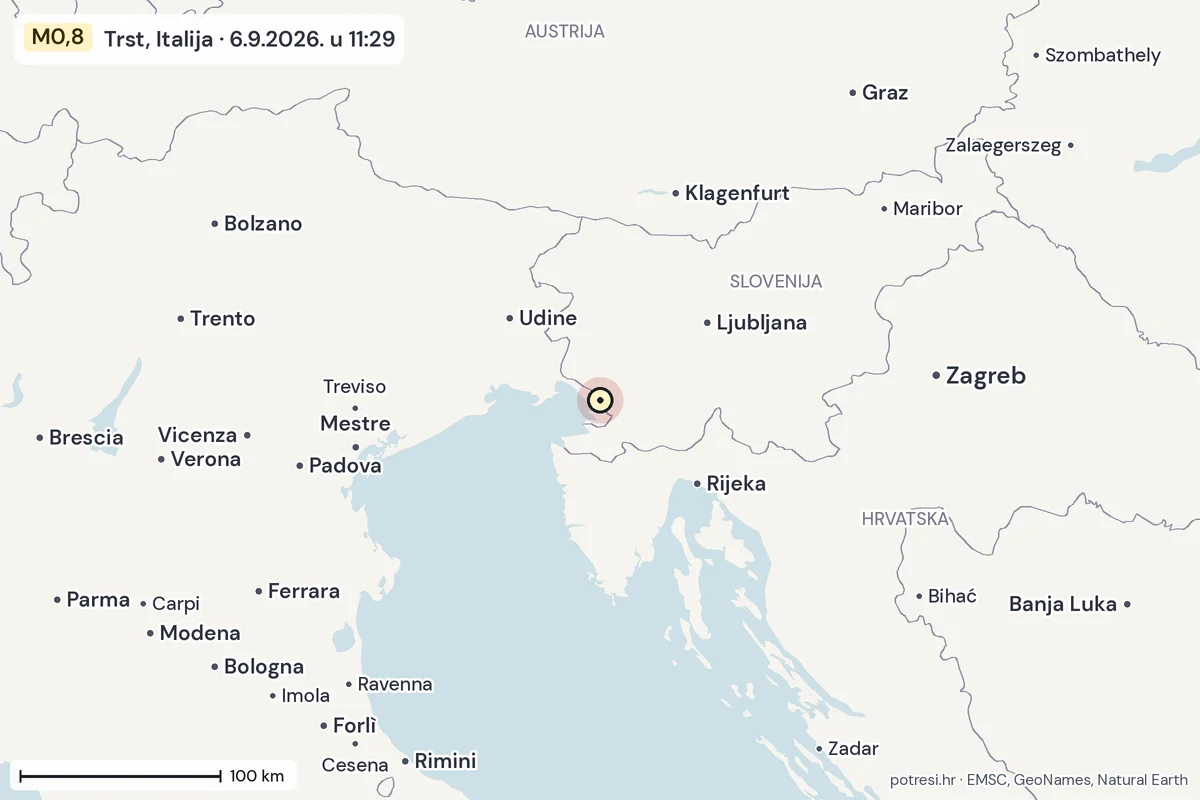 Karta: šire područje, 600 km, potres M0,8, Trst, Italija, 6.9.2026.