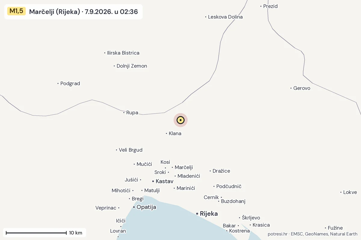 Karta: okolica epicentra, 60 km, potres M1,5, Marčelji (Rijeka), 7.9.2026.