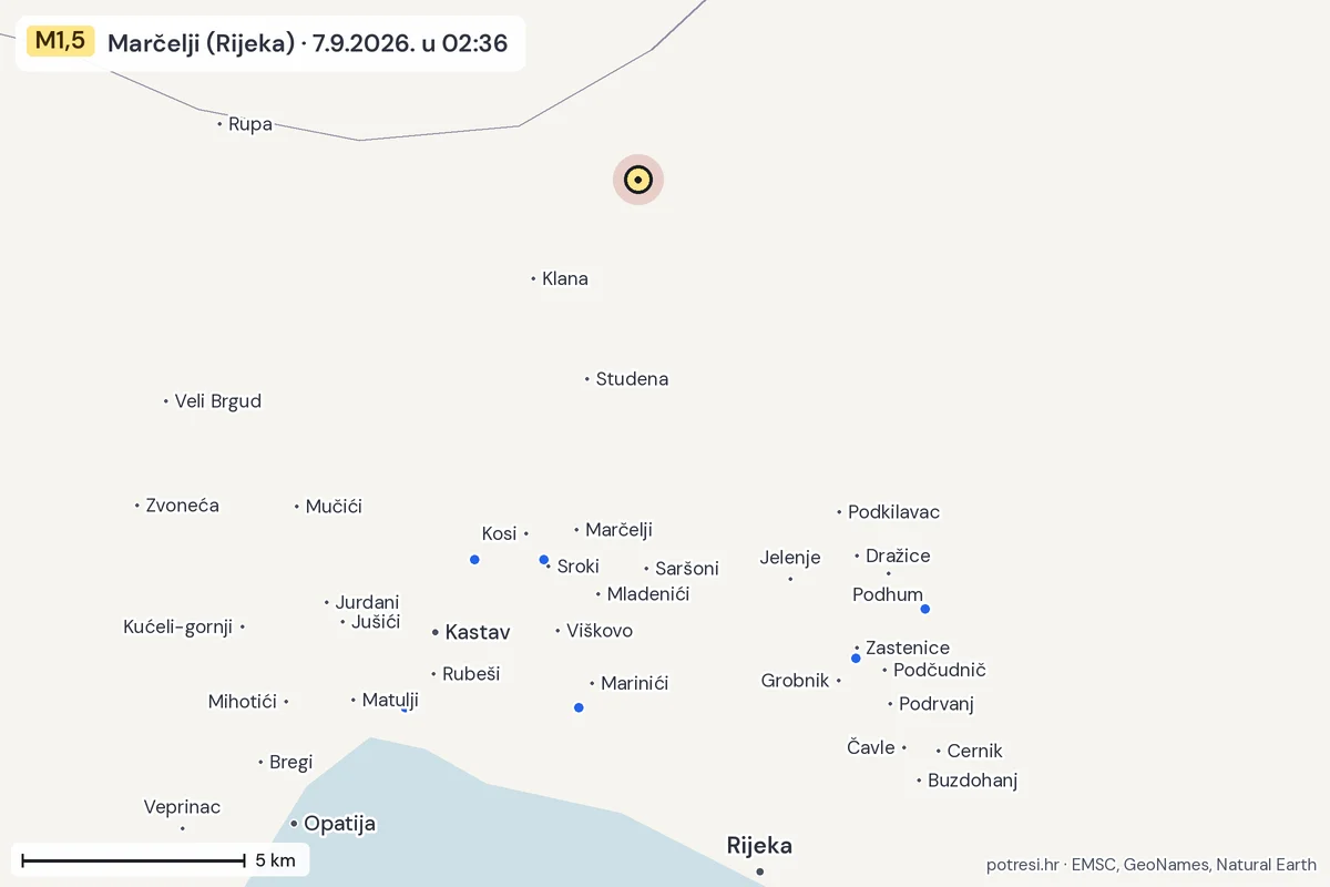 Karta: izvješća građana, potres M1,5, Marčelji (Rijeka), 7.9.2026.