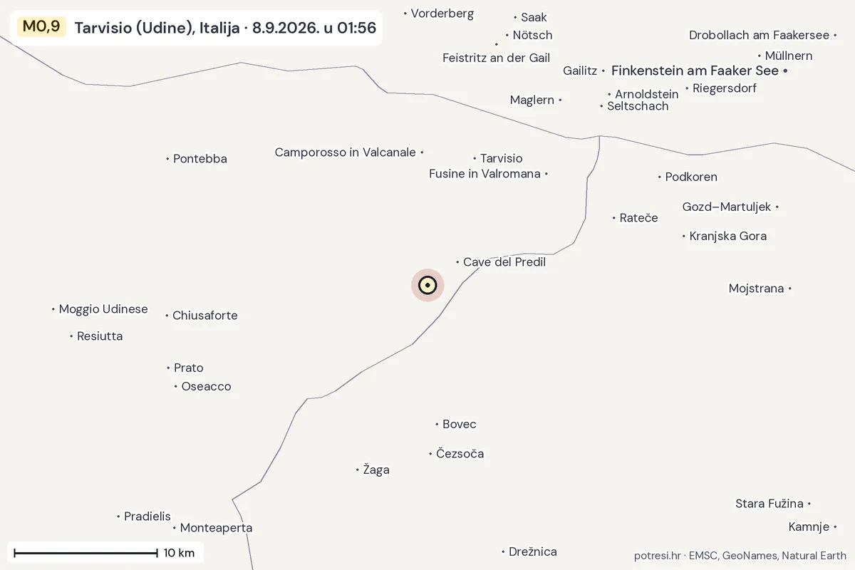 Karta: okolica epicentra, 60 km, potres M0,9, Tarvisio (Udine), Italija, 8.9.2026.
