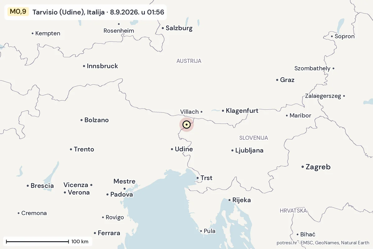 Karta: šire područje, 600 km, potres M0,9, Tarvisio (Udine), Italija, 8.9.2026.