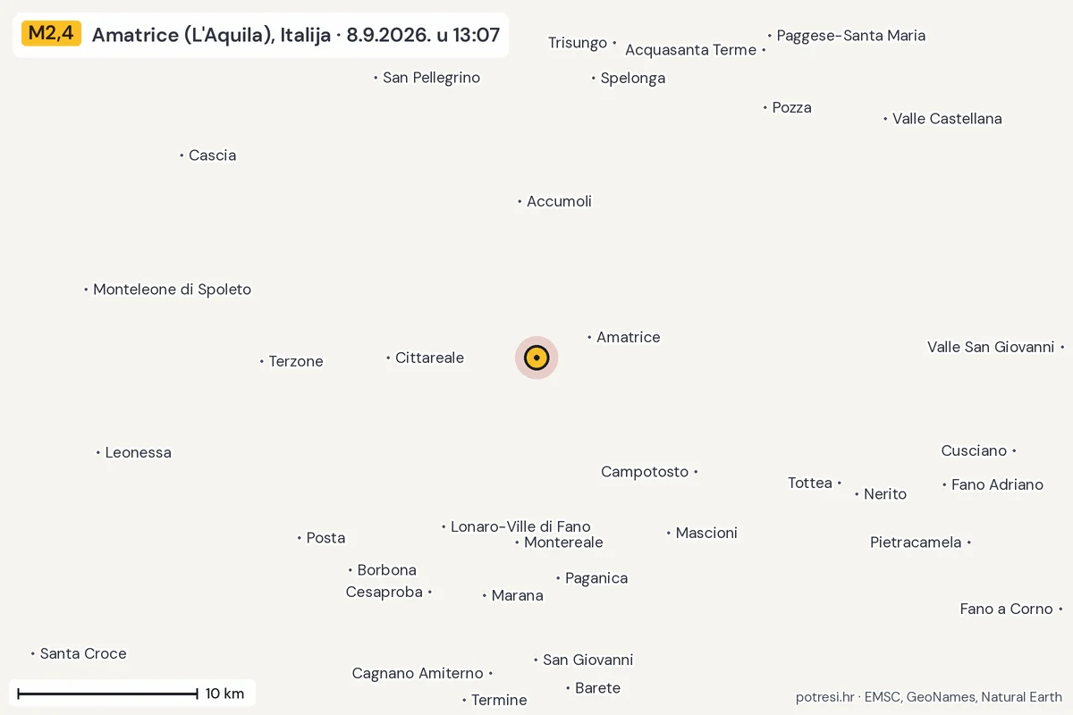 Karta: okolica epicentra, 60 km, potres M2,4, Amatrice (L'Aquila), Italija, 8.9.2026.