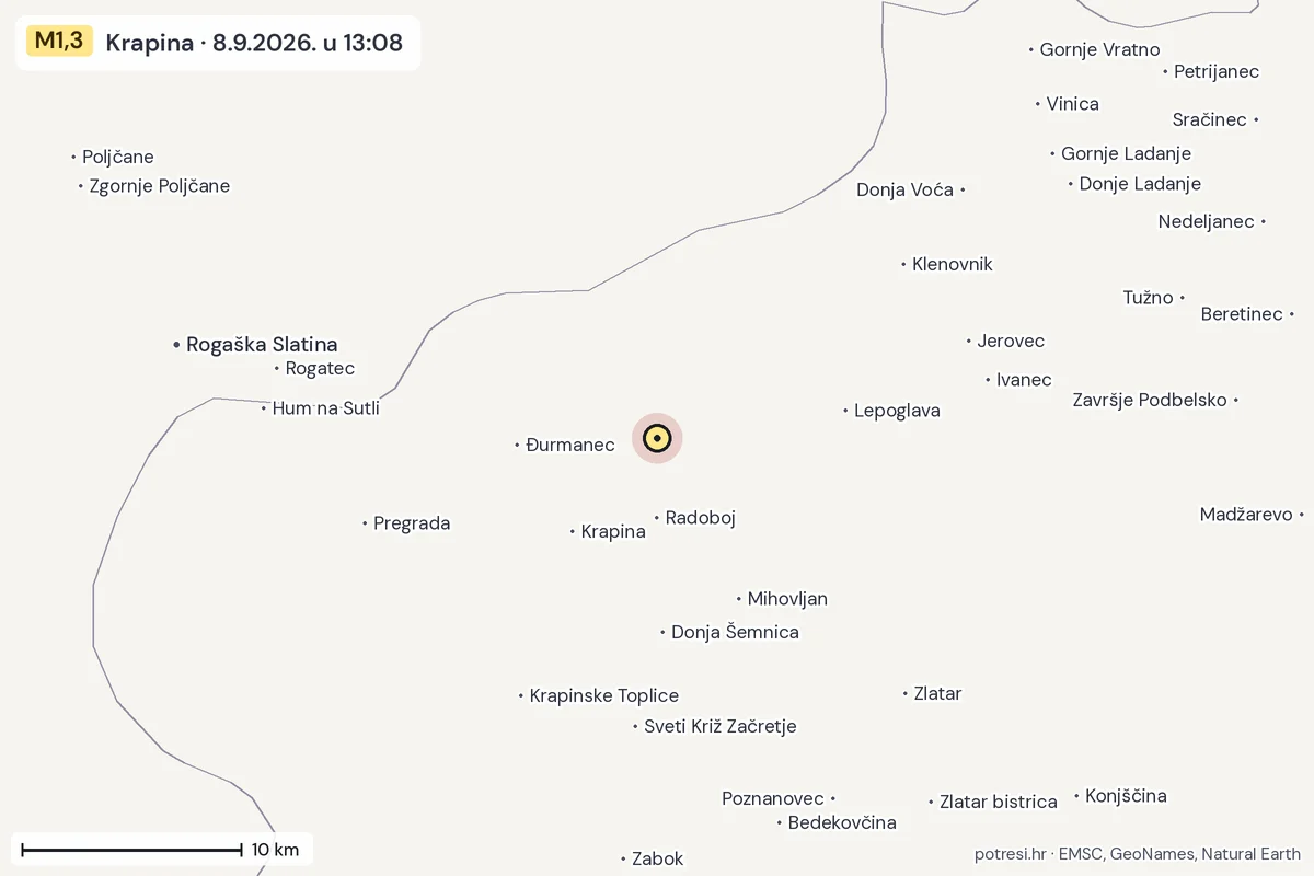 Karta: okolica epicentra, 60 km, potres M1,3, Krapina, 8.9.2026.