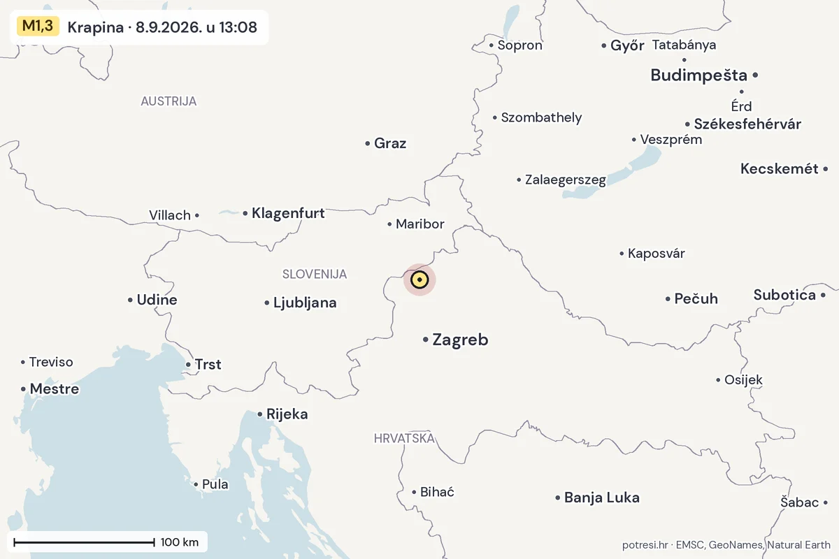 Karta: šire područje, 600 km, potres M1,3, Krapina, 8.9.2026.