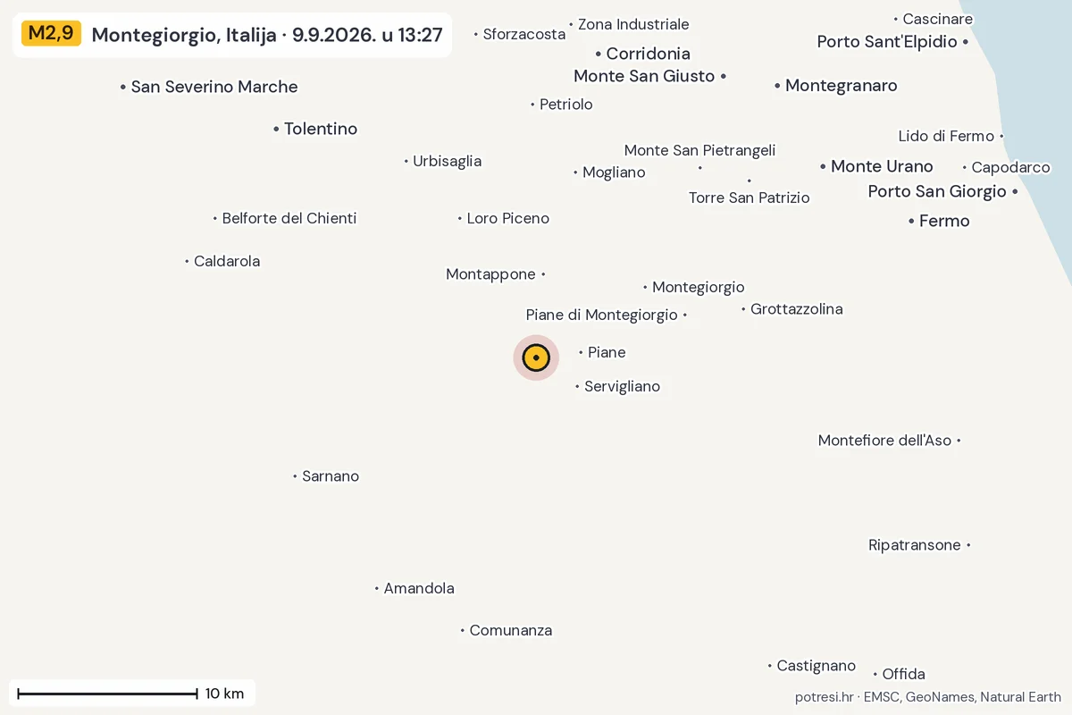 Karta: okolica epicentra, 60 km, potres M2,9, Montegiorgio, Italija, 9.9.2026.