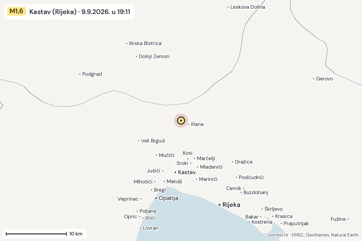 Karta: okolica epicentra, 60 km, potres M1,6, Kastav (Rijeka), 9.9.2026.