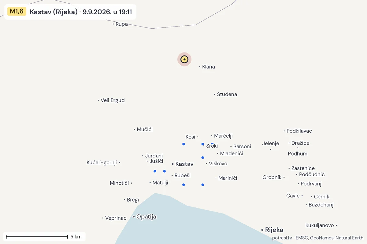 Karta: izvješća građana, potres M1,6, Kastav (Rijeka), 9.9.2026.