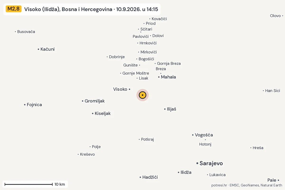 Karta: okolica epicentra, 60 km, potres M2,8, Visoko (Ilidža), Bosna i Hercegovina, 10.9.2026.