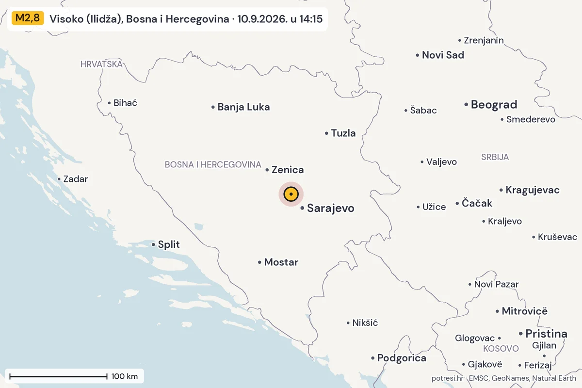 Karta: šire područje, 600 km, potres M2,8, Visoko (Ilidža), Bosna i Hercegovina, 10.9.2026.