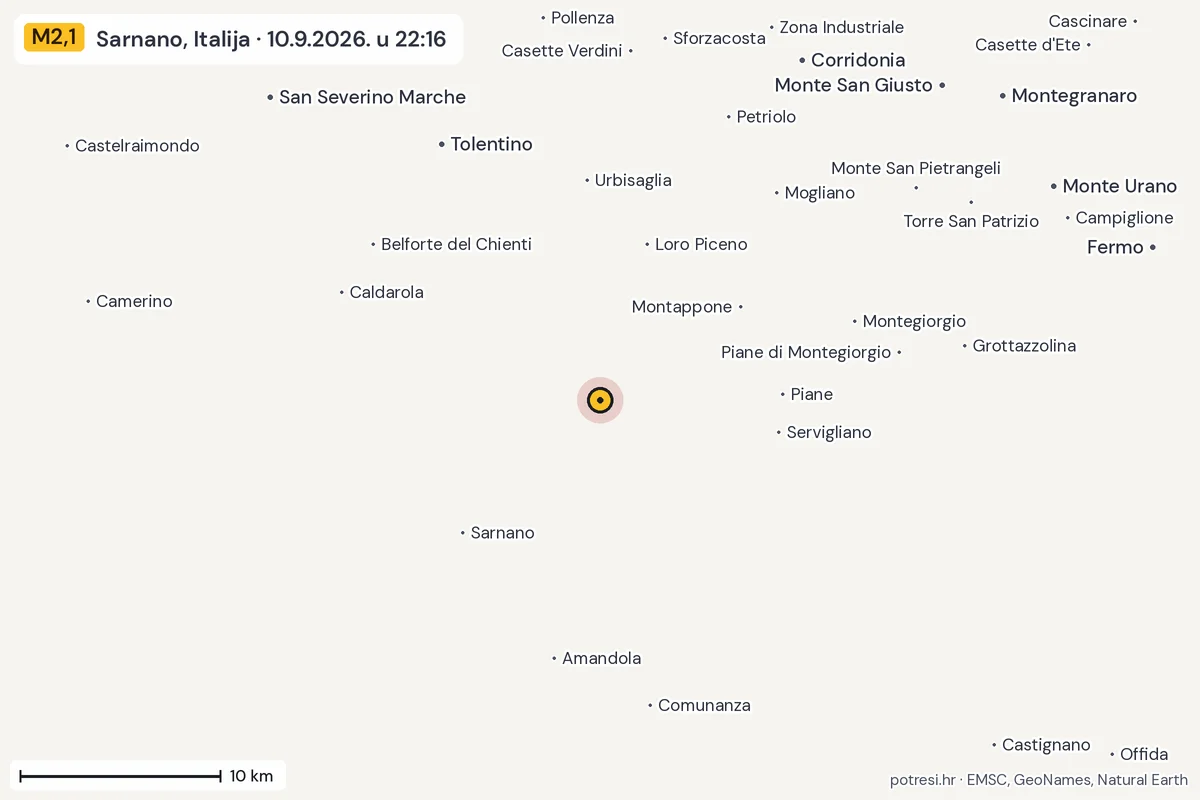 Karta: okolica epicentra, 60 km, potres M2,1, Sarnano, Italija, 10.9.2026.