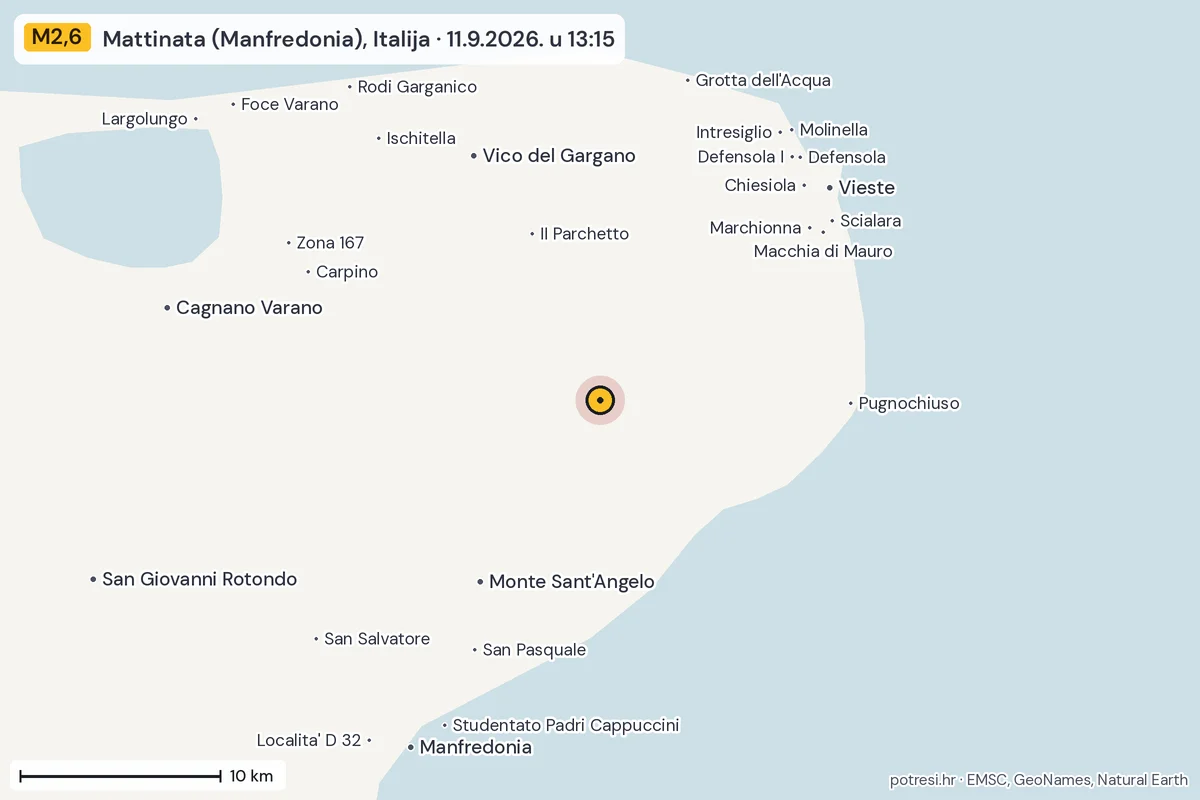 Karta: okolica epicentra, 60 km, potres M2,6, Mattinata (Manfredonia), Italija, 11.9.2026.