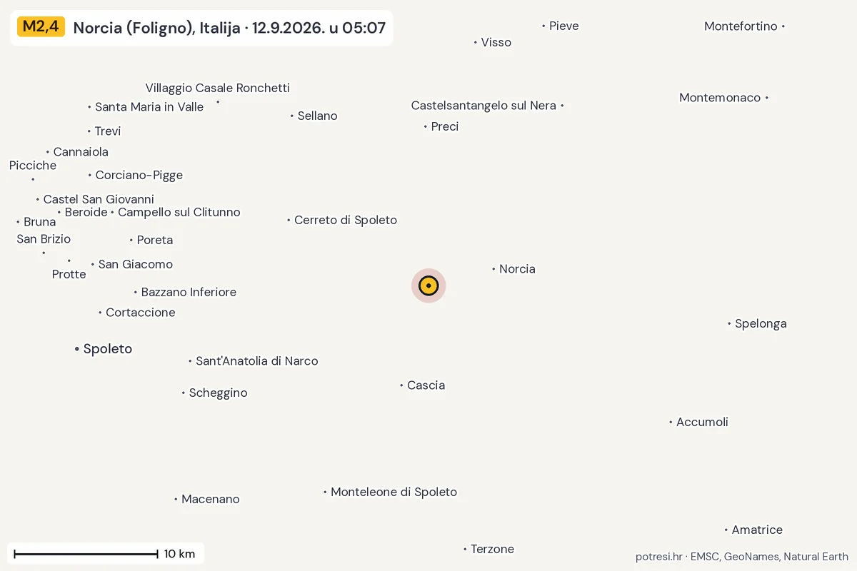 Karta: okolica epicentra, 60 km, potres M2,4, Norcia (Foligno), Italija, 12.9.2026.