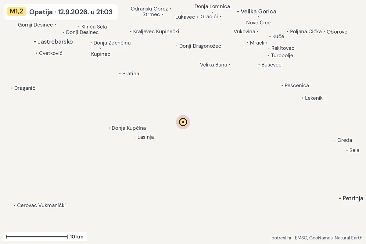 Karta: okolica epicentra, 60 km, potres M1,2, Opatija, 12.9.2026.