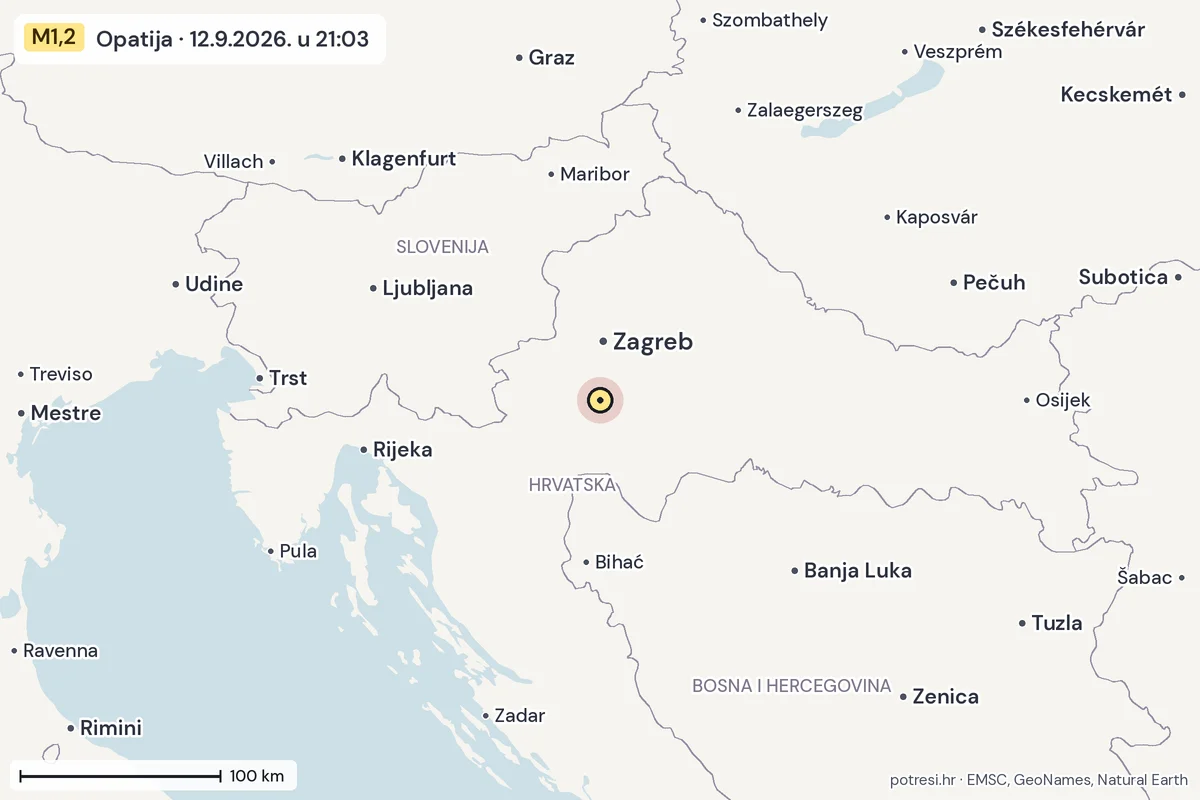 Karta: šire područje, 600 km, potres M1,2, Opatija, 12.9.2026.